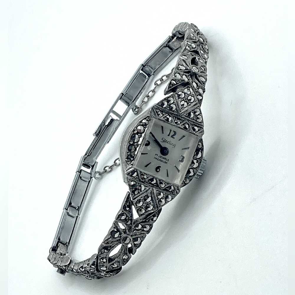 1950s Art Deco Style Sterling Silver Marcasite Ricoh Watch 6.1” - 6.7” Stretch